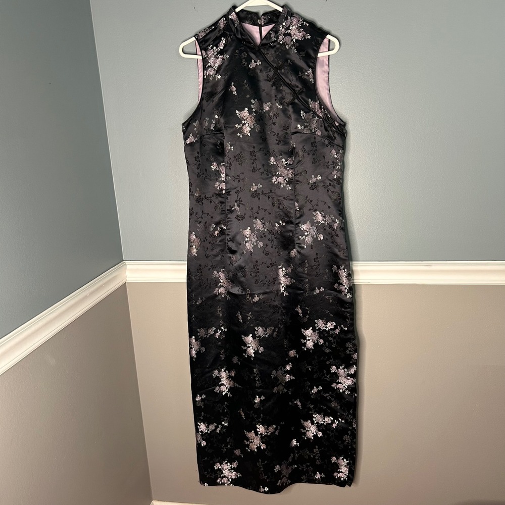 Black Floral Satin Brocade Cheongsam Qipao Maxi Dress Lavender Lining Sleeveless